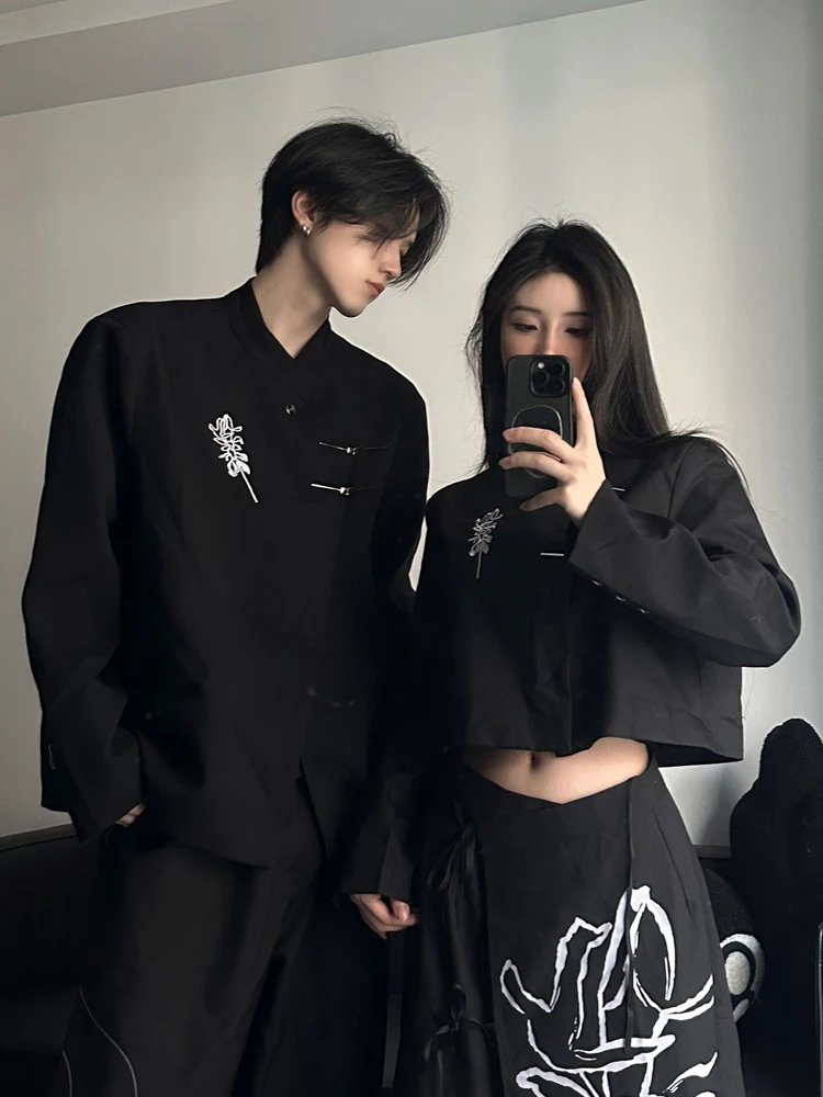 

Casual Embroidered Men's Suit Jacket Couple's Long Short Design Spring Autumn Stylish Handsome Chinese New Style Outerwear