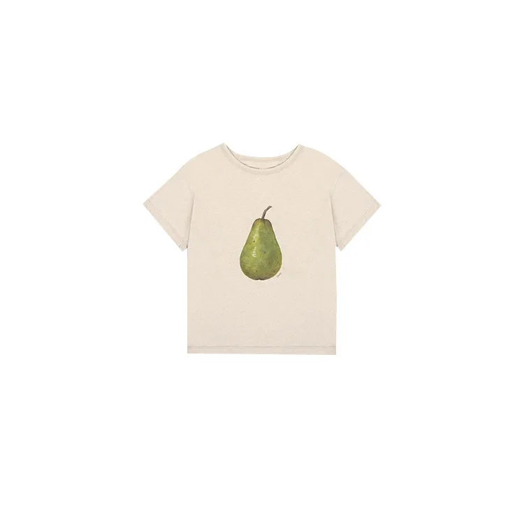 

Summer 2025 Dongdaemun Fl*tta Simple Loose Pear Pattern Printed T-irt Casual Sle round Ne ort Sve Cotton Top
