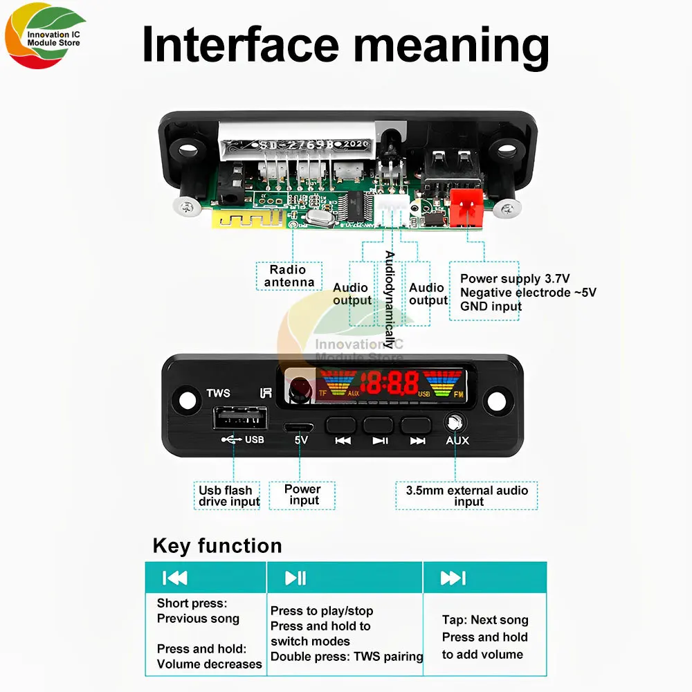 Audio Decode Board Car Music MP3 Decoder Board Bluetooth 5.0 Support AUX FM USB Hands-Free Calling Audio Player Module