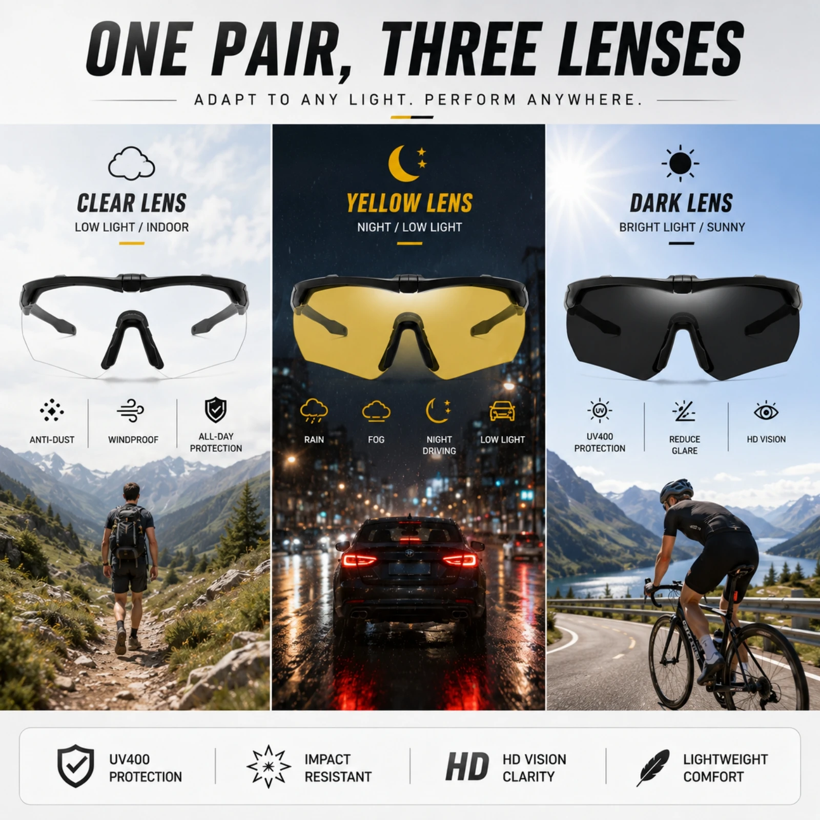 3-Linsen-Sport-Schutzbrille, UV400 Stoßfeste Winddichte Brille für Radfahren, Motorradfahren, Jagd & Outdoor-Sport – Detail 2