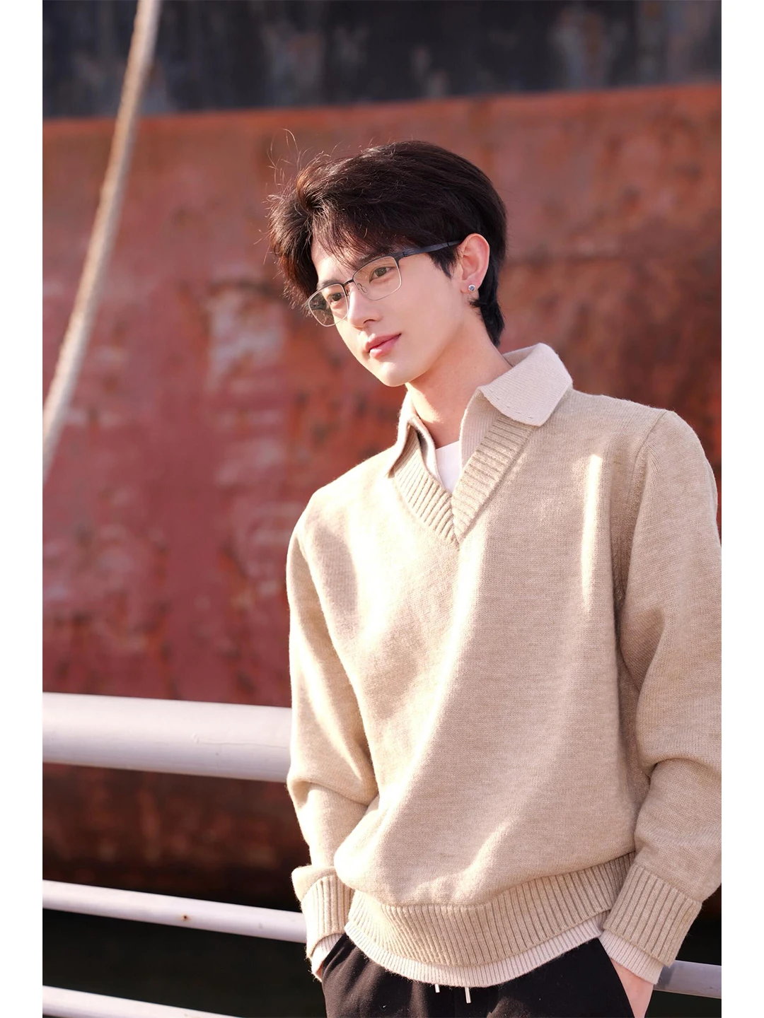 

High nce Sensation Men's Knitted V-Ne Sweater Fake Two-Piece Sle Autumn Winter Inner Wear Woolen Collar Knit Bas...