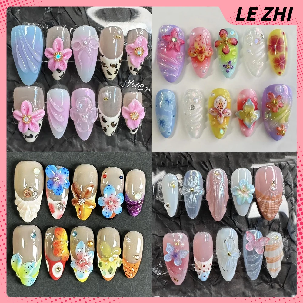 Summer Romantic Flowers Handmade Press On Nail Art Party Sticker France 3D Lily Flowers Cat Eyes Nails Party Sticker Girl Gift