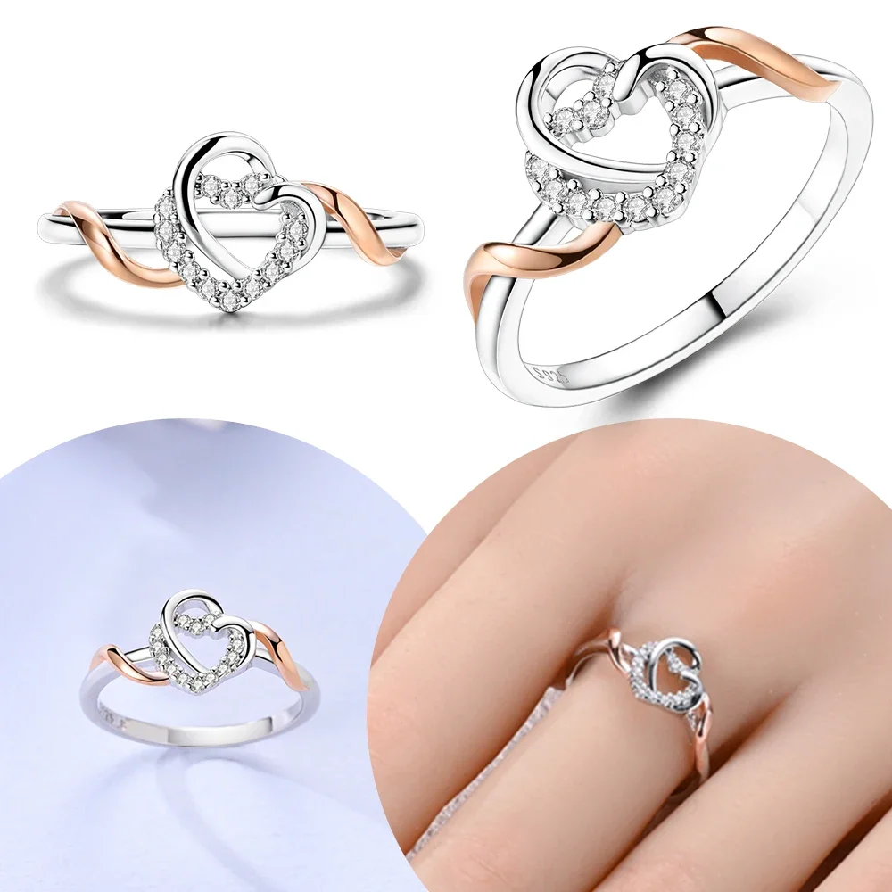 

Zircon Heart Twining Rings Original 925 Sterling Silver Fine Woman's Anniversary Gift Wedding Girlfriend Ring