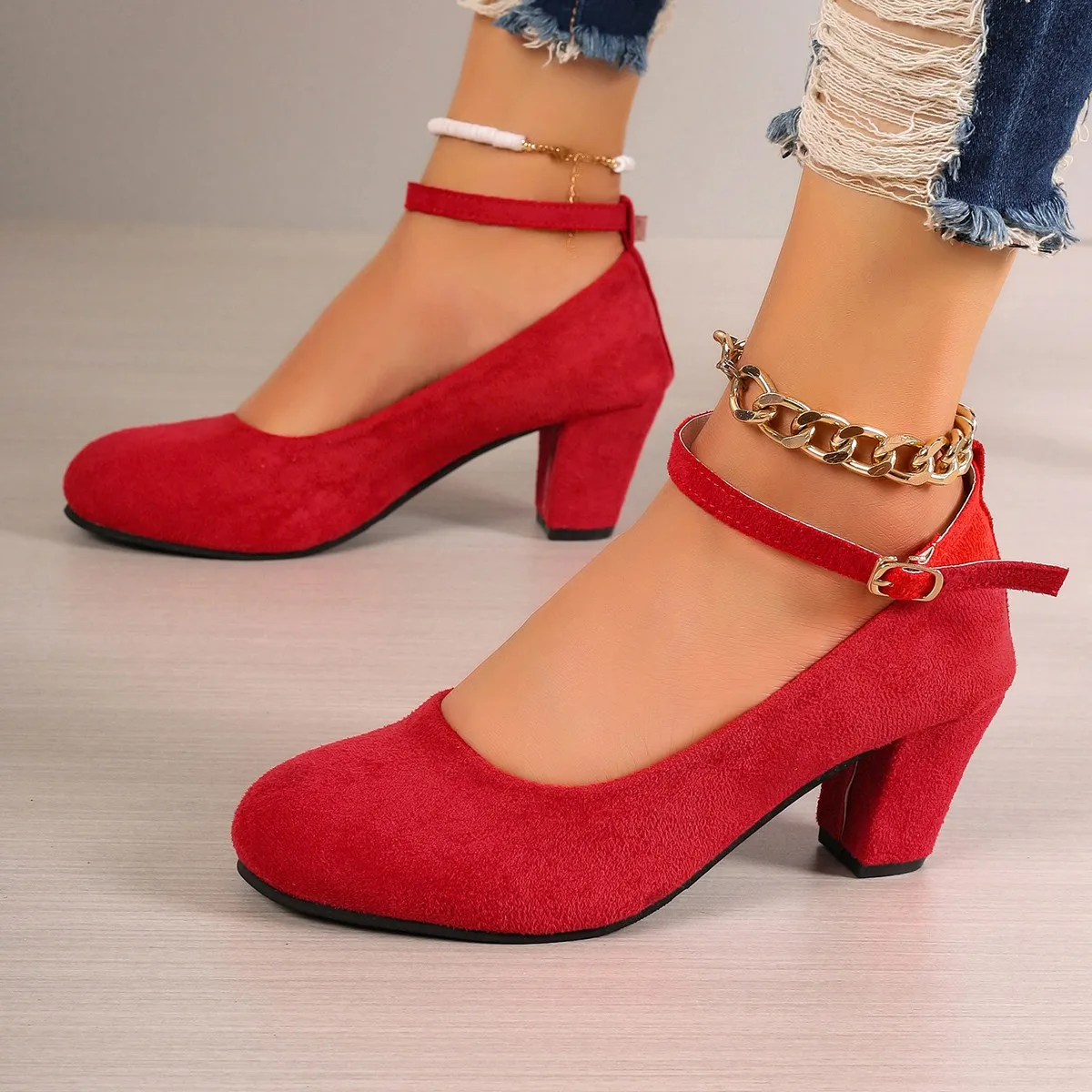 Women Sexy Black Ankle Strap High Heels Autumn Woman Flock Round Toe Pumps Female Suede Buckle Fashion Shallow Pumps