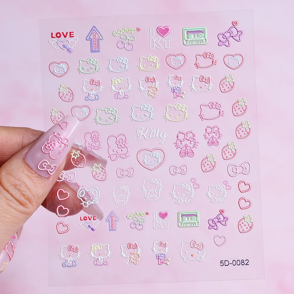 3 Pz/lotto 5D Rosa Rosso Blu Hello Kitty Adesivi Per Unghie In Rilievo Sveglio Del Fumetto Kitty Gatto Arco Decalcomanie Per Unghie Kawaii Kitty Manicure Slider