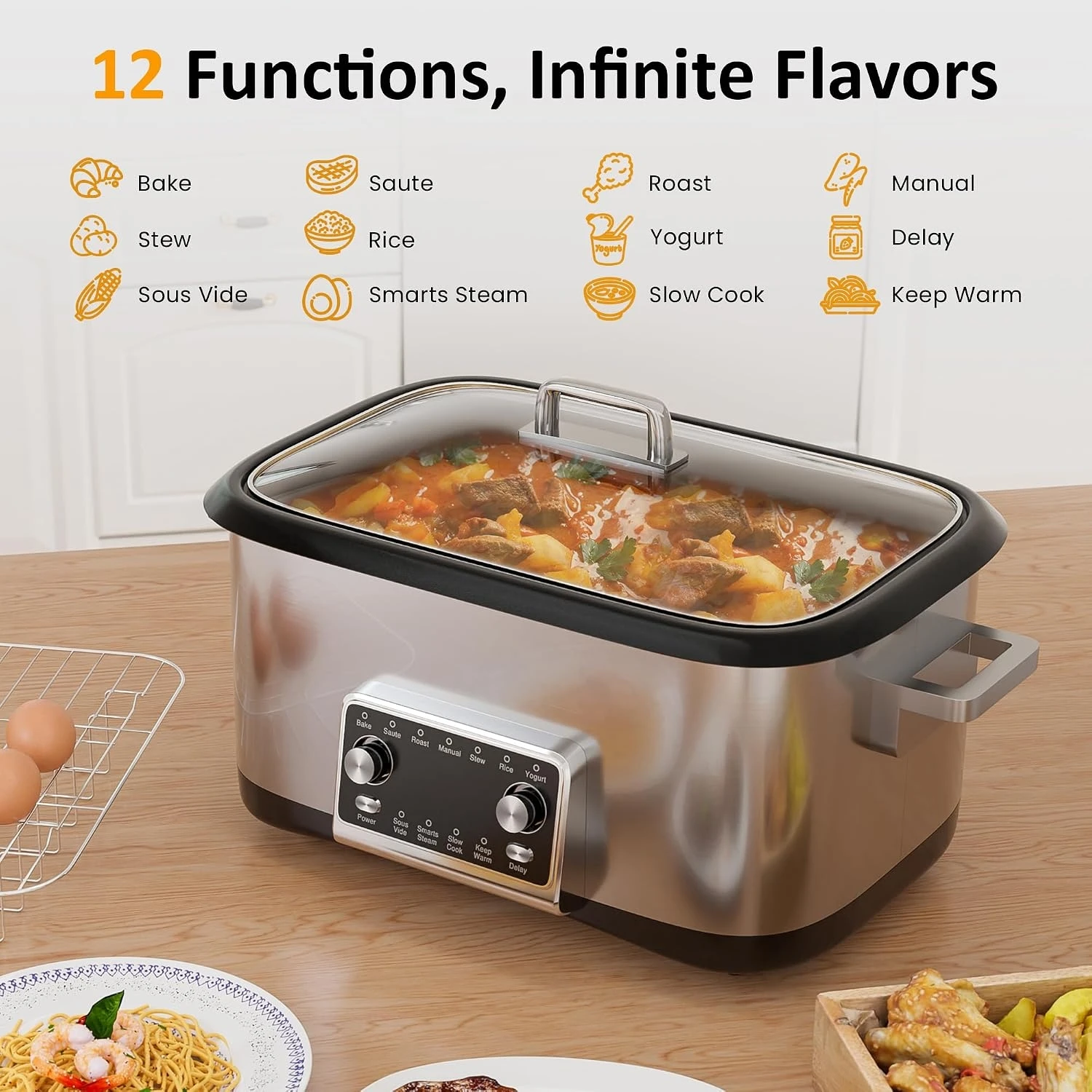 12-In-1 Programmable Slow Cooker, 8 Quart Electric Multi Cooker With Steaming Rack, Non-Stick Inner Pot, Temp Control And Delay Start
