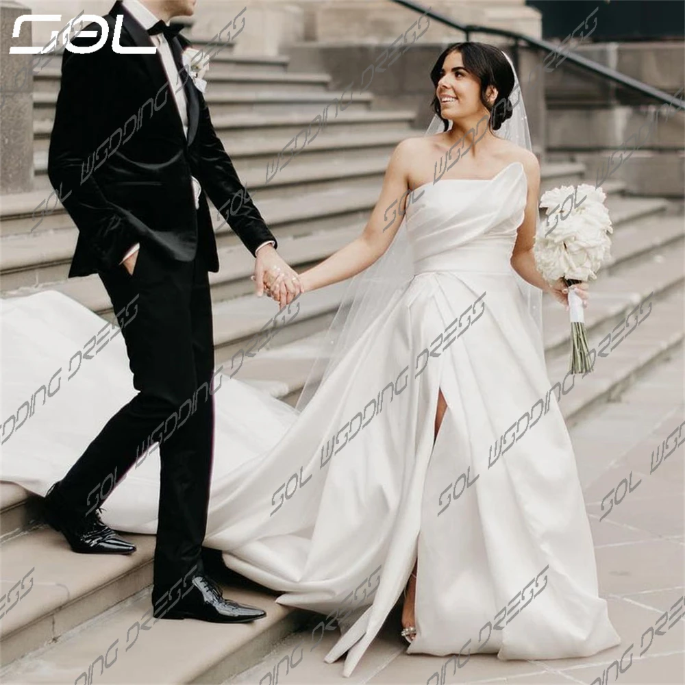 SOL Simple Strapless Pleat High Slit Satin Wedding Dress Elegant Backless A-Line Sweep Train Bridal Gowns Sexy Custom Made