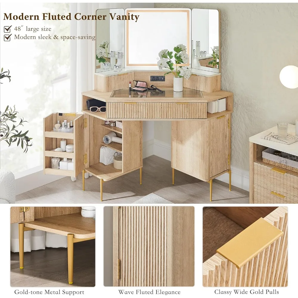 Escritorio de tocador de esquina grande con diseño estriado, triple espejo HD y tapa de cristal para tocador moderno