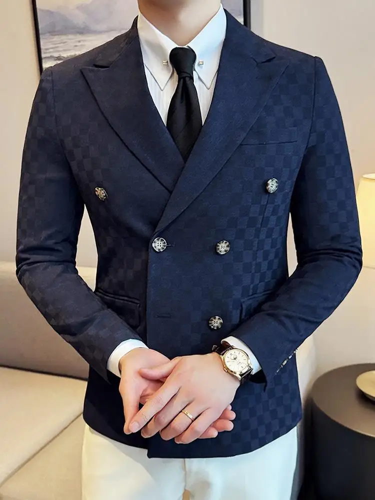 Veste de costume à carreaux à double boutonnage pour hommes, costume d'affaires décontracté, tendance, mince, nouveau style, 3-A49, 2024