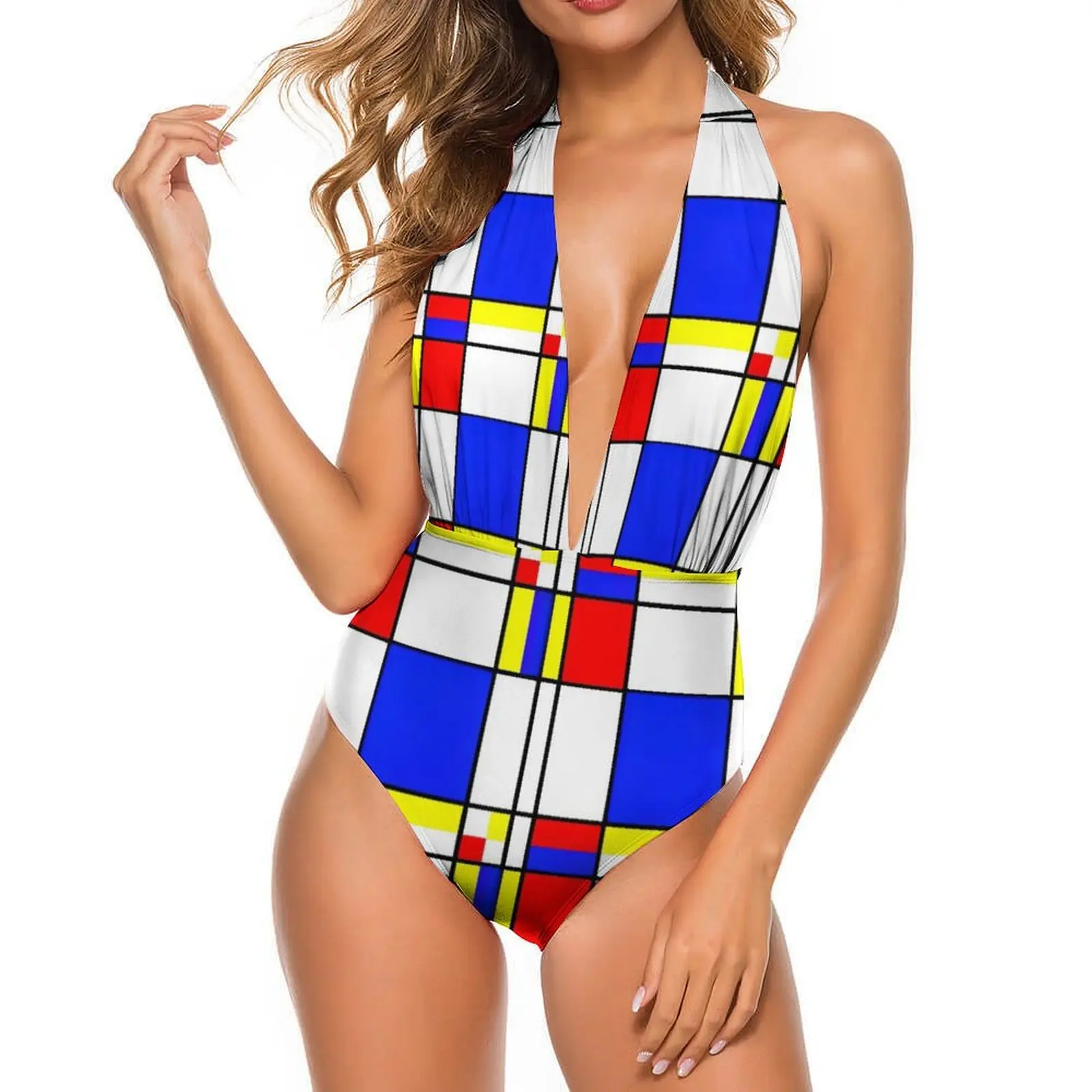 Mondrian Swimsuit Colorful Checkerboard Push Up Swimwear Sexy One Piece Deep V Monokini Modern Bodysuit Large Size