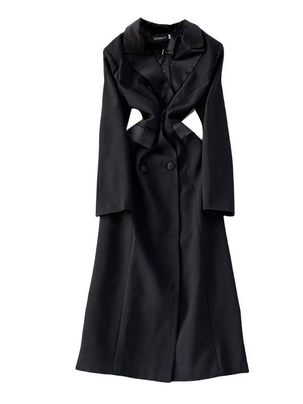 레트로 브리티 슬레 블라 슈트 칼라 드 여성용 신상 더블 버튼 허리 조임 슬림핏 미디 길이 코트 자켓