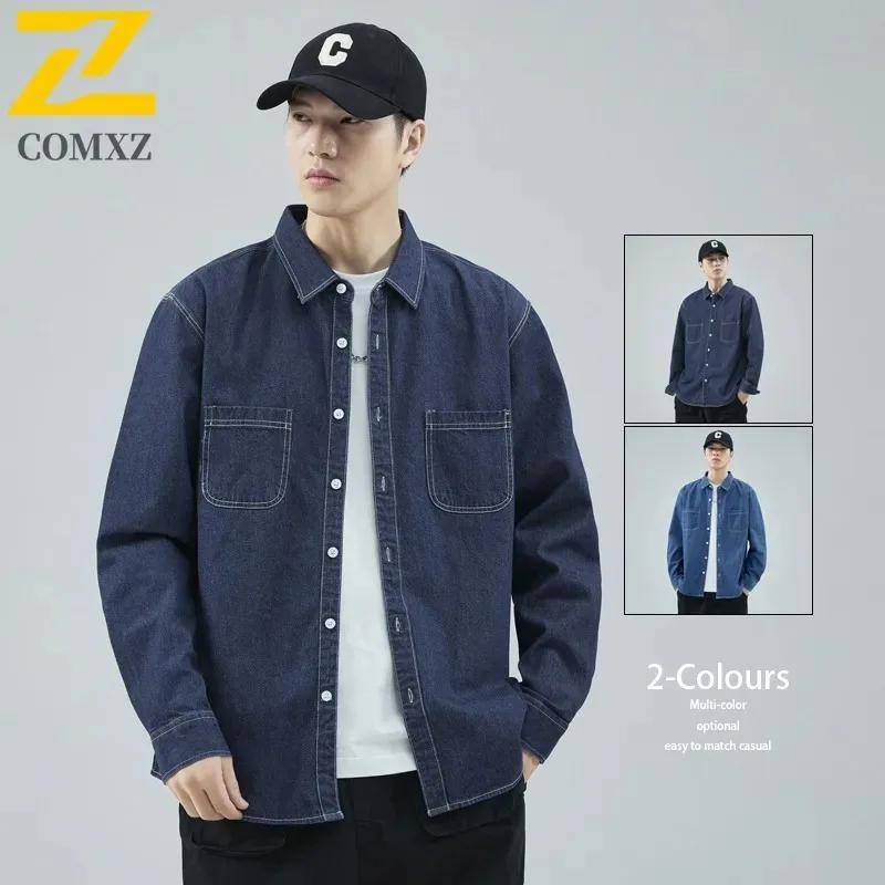

COMXZ 2025 Мужская хлопковая рубашка из мягкой кожи, однотонная базовая простая повседневная джинсовая куртка с отложным воротником, осеннее пальто в американском стиле