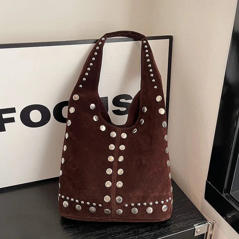 

2026 Retro Casual Faux Suede Shoulder Bags Solid Color Hasp Sequined Decorate High Quality Simple Commuting Women's Handbag