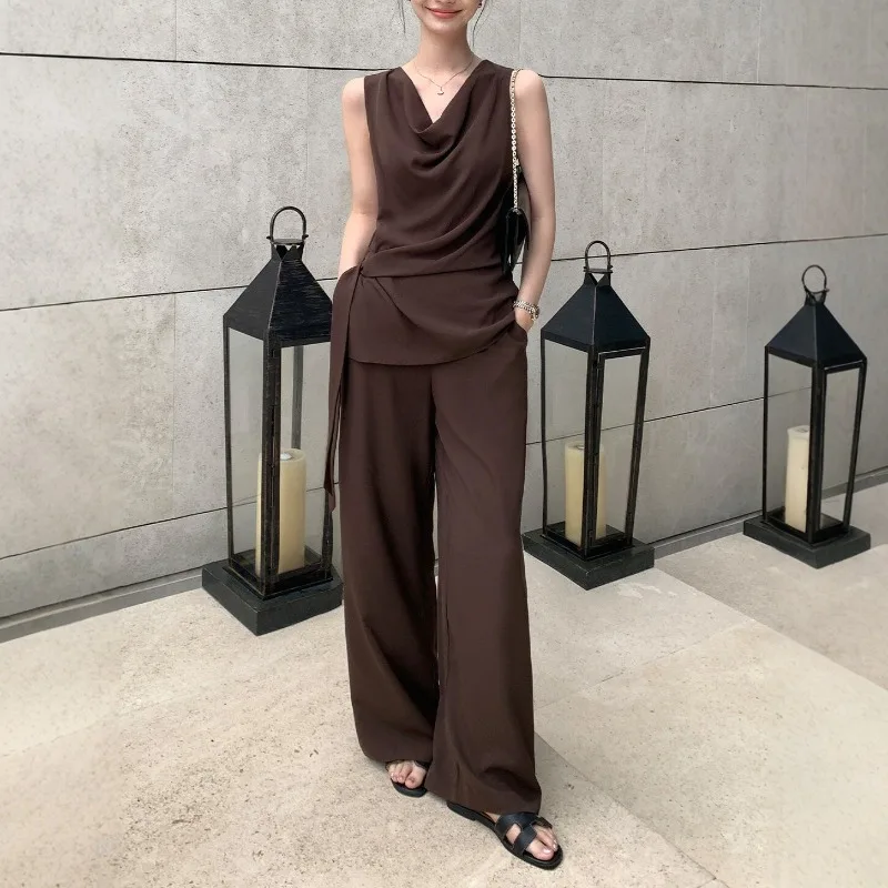 Copper Ammonia Silk Lyocell Smooth Fabric Natural Elegant Sleeveless Women's Lace-up Shirt Wide-leg Pants Set Autumn Collection.
