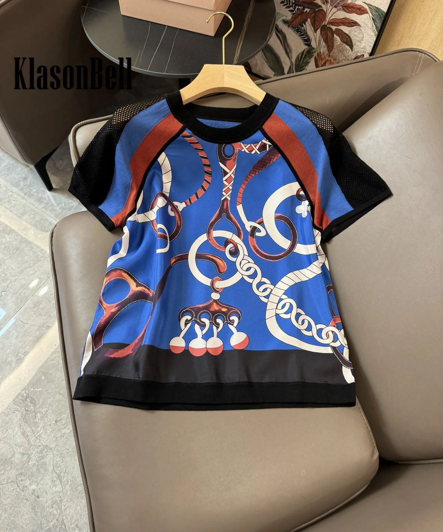 6.29 KlasonBell Women Silk Lock Chain Print Spliced Knit Hollow Out Short Sleeve T-Shirt Or Elastic Waist Skirt Casual Set