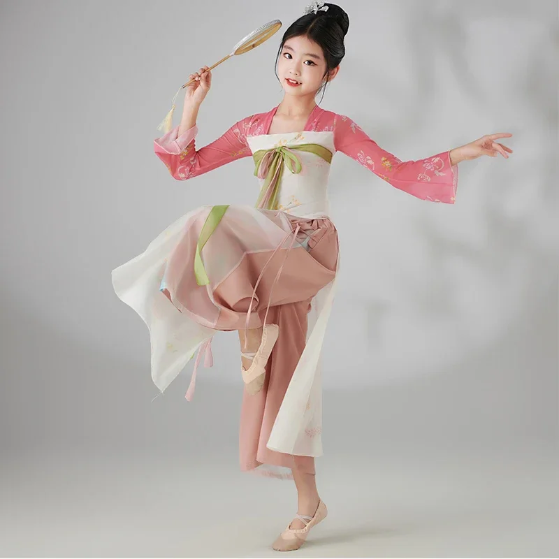 Chinese Children Folk Dance Costume Vintage Mesh Tops+pants Skirt Set Chiffon Stage Dance Wear Retro Performance Princess Hanfu