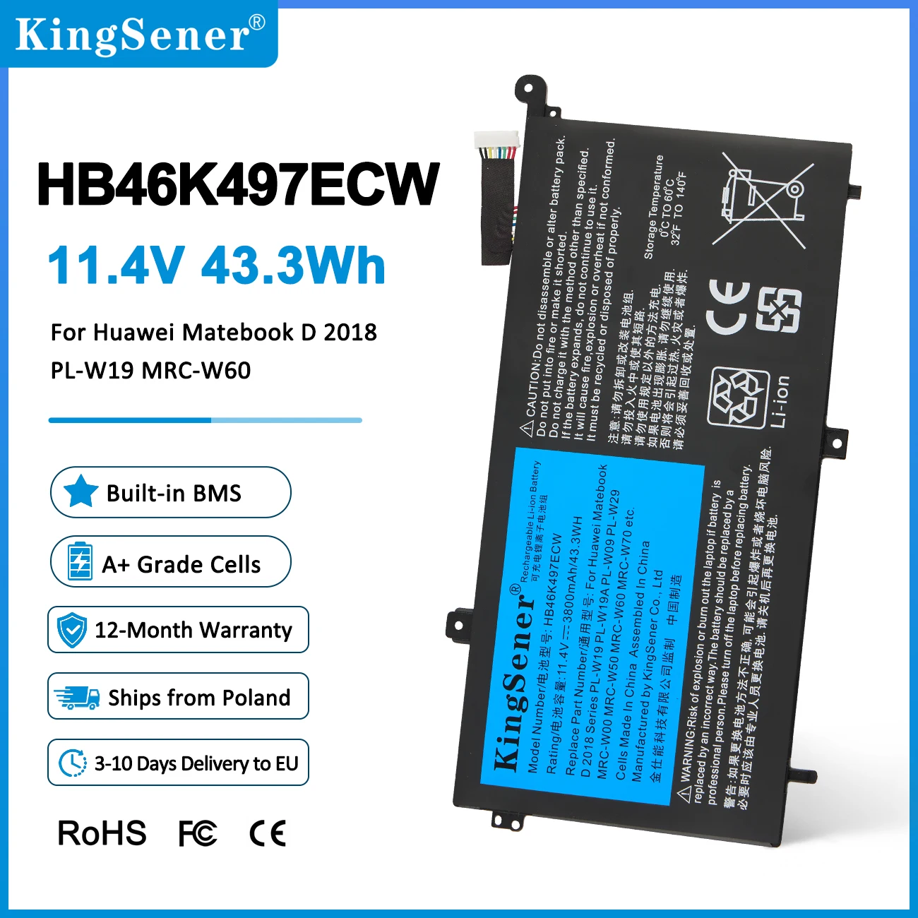 KinSener HB46K497ECW Laptop-Akku für Huawei Matebook D 2018 PL-W19 PL-W19A PL-W09 PL-W29 MRC-W50 W60 W70 Serie 11,4V 43,3Wh