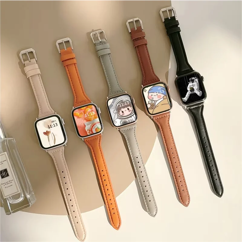Slim leather strap for Apple Watch band ultra-2 49mm series 41mm/45mm 38mm/42mm Wrist bracelet iWatch SE 10 7 8 9 6 5 4 40mm/44m