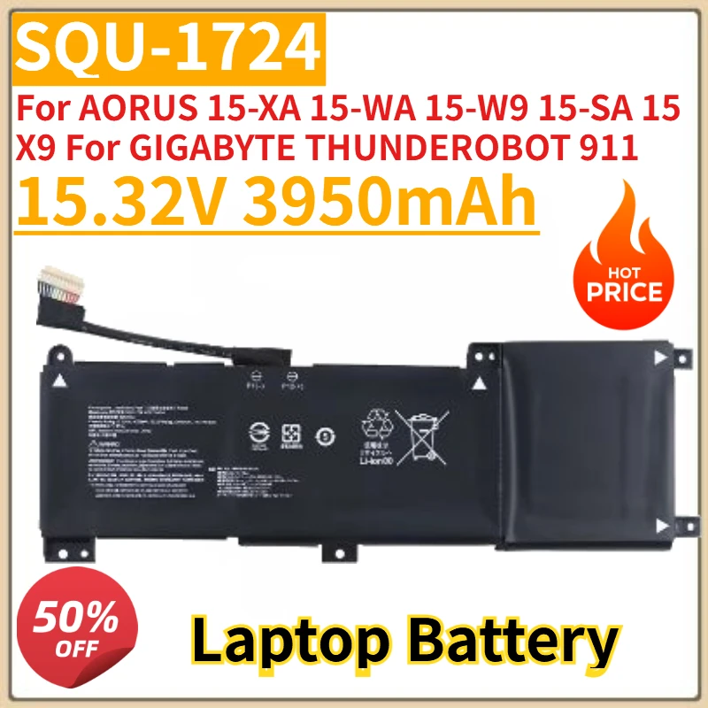 

New SQU-1724 SQU-1723 Laptop Battery 15.32V 3950mAh For AORUS 15-XA 15-WA 15-W9 15-SA 15 X9 For GIGABYTE THUNDEROBOT 911