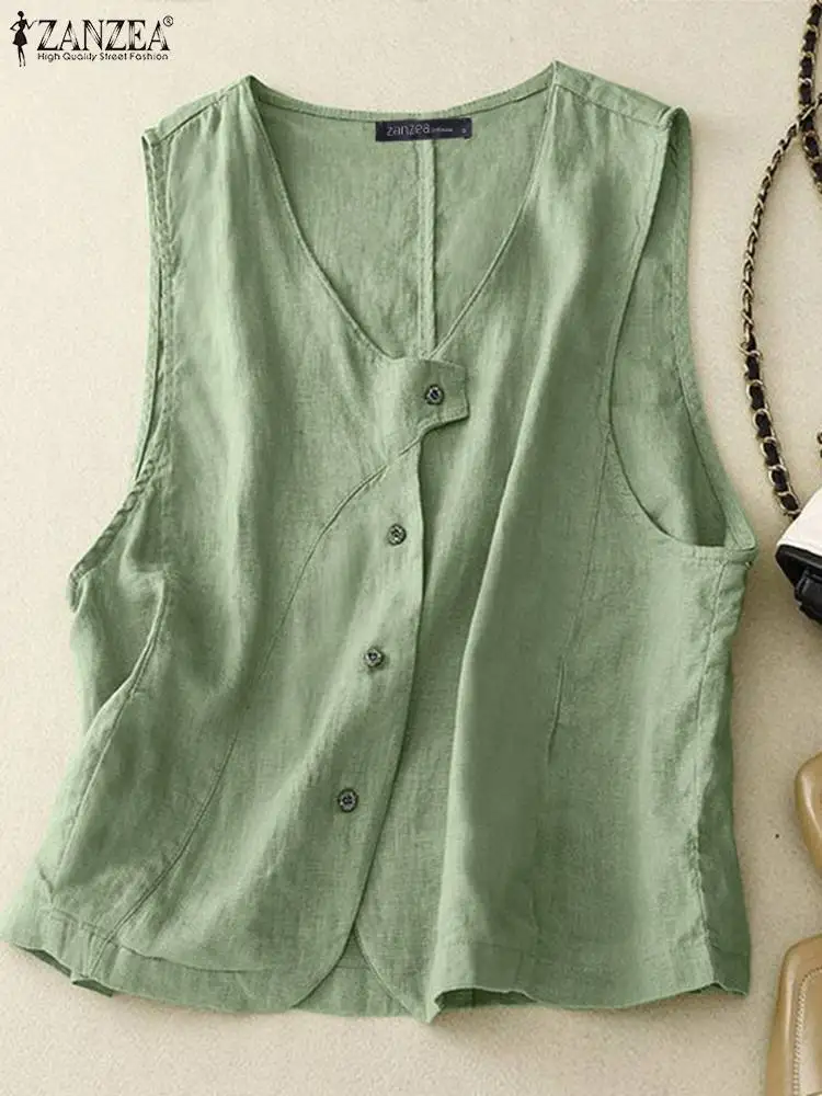 ZANZEA Summer Fashion V Neck Sleeveless Shirt Women Casual Solid Cotton Tanks Tops 2024 Elegant Buttons Down Camis Work Blouse