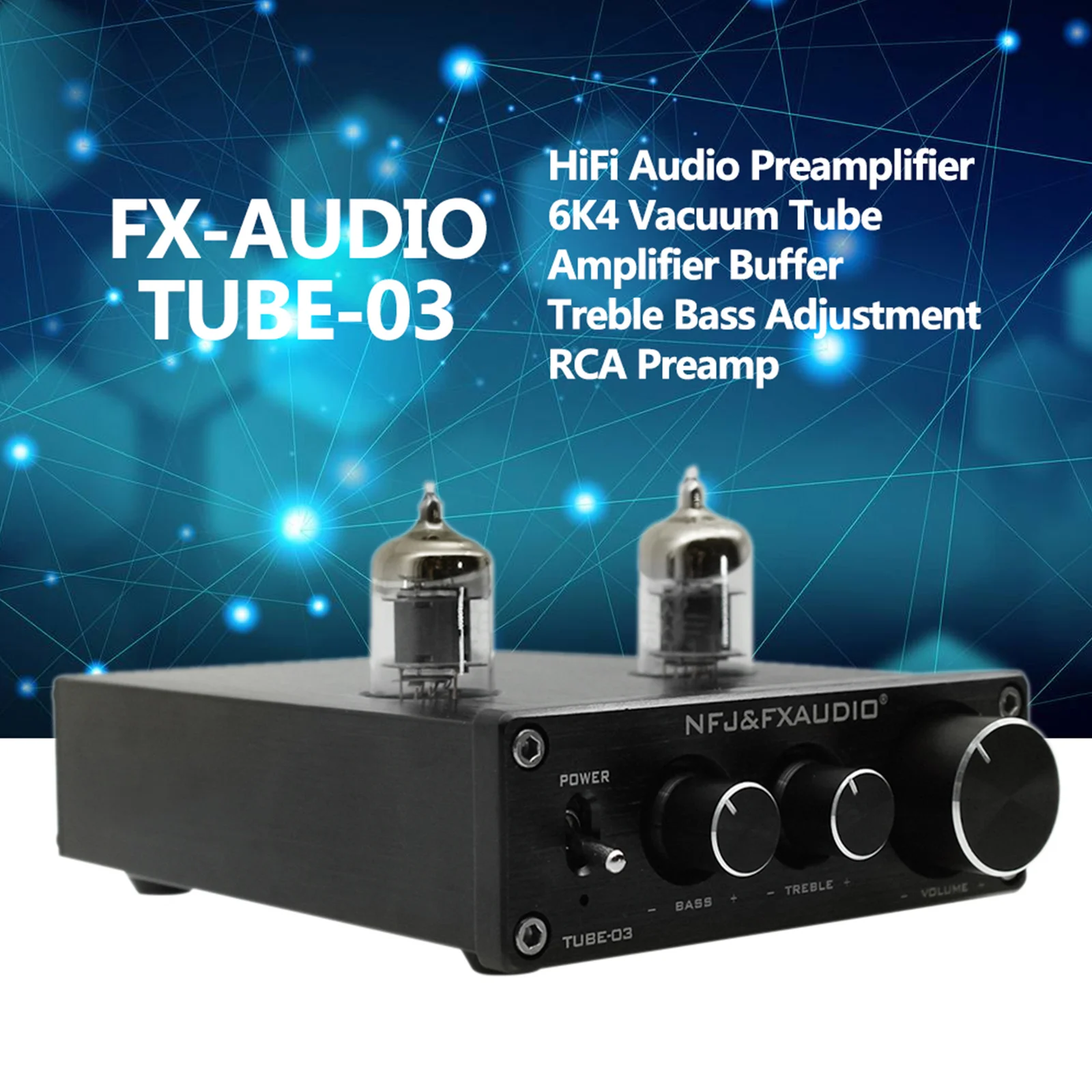 TUBE-03 Mini HiFi Audio Preamplifier 6K4 Vacuum Tube Amplifier Buffer Treble Bass Adjustment RCA Preamp Black Silver EU/UK Plug