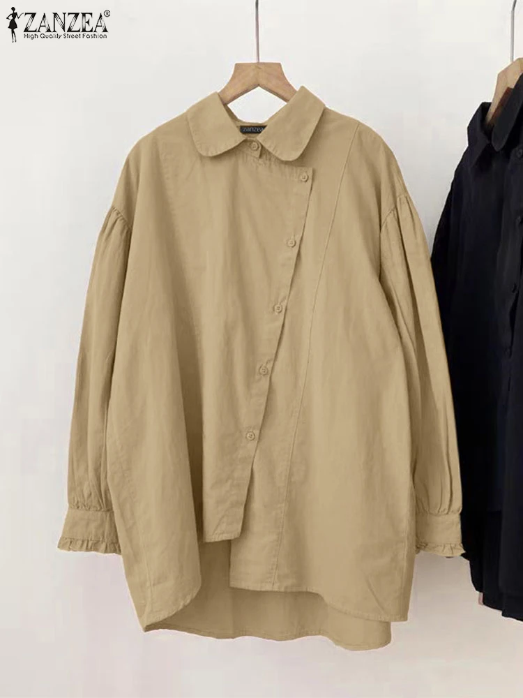เสื้อแฟชั่น ZANZEA ปี 2025 เสื้อผู้หญิงสำหรับฤดูใบไม้ร่วง แขนสามส่วน เสื้อผ้าลำลองสีพื้น เสื้อคลุมสไตล์หรูหราสำหรับสุภาพสตรีทำงาน เสื้อทูนิคทรงหลวมติดกระดุม เสื้อผ้าสไตล์ OL