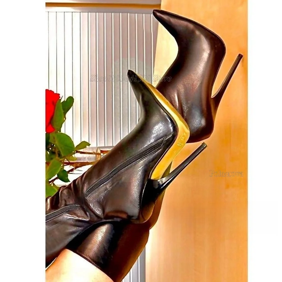 Black Leather Calf Boots Fall New Zipper Women Boots Fine Heel Pointed Toe Boots High Heels Party Boots 2023 Zapatos Para Mujere