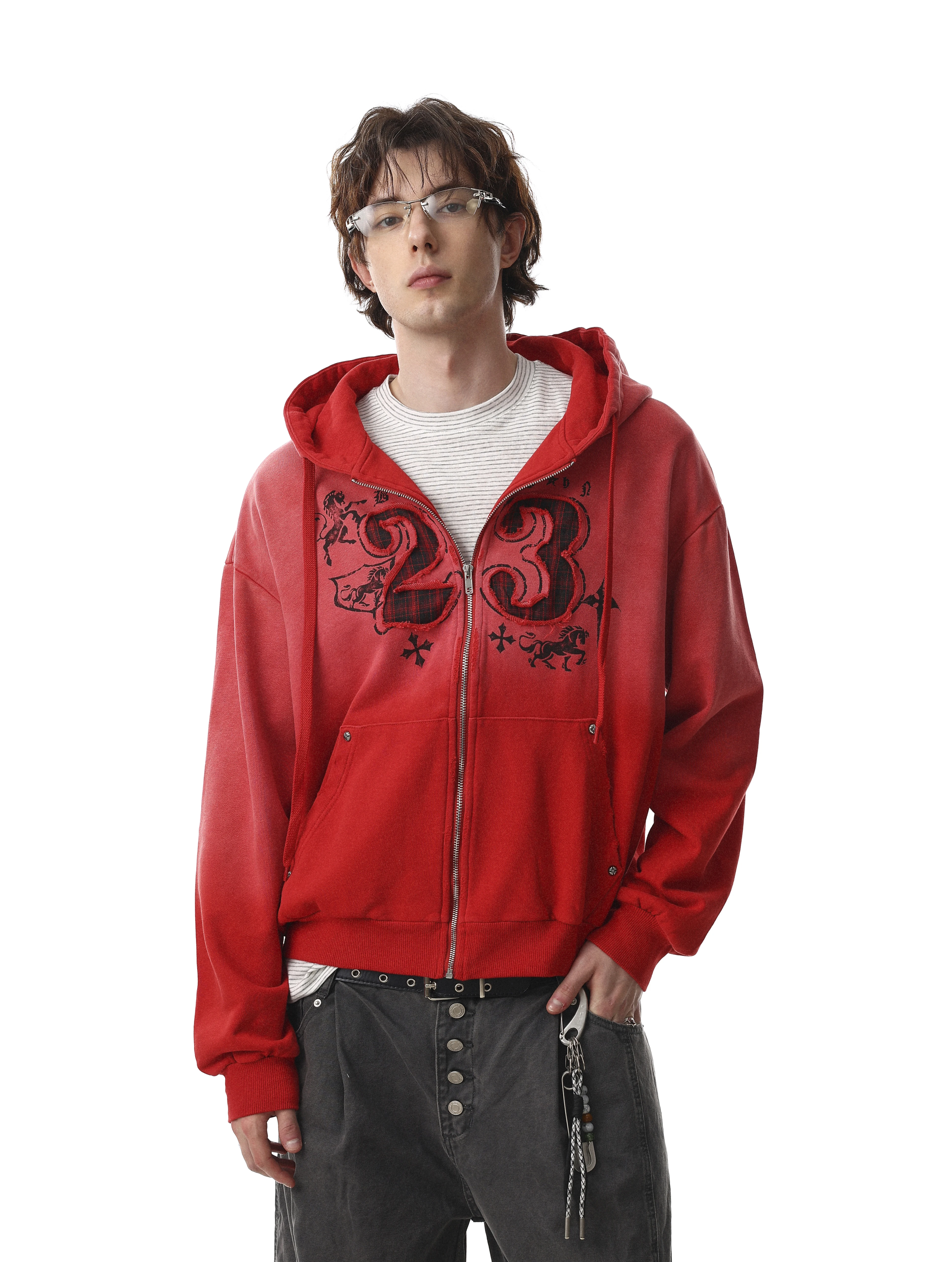 MRNEARLY American Street Style Washed Vintage Digital Embroidery Hoodie Men Loose Design Trendy Open Cardigan Sweatshirt