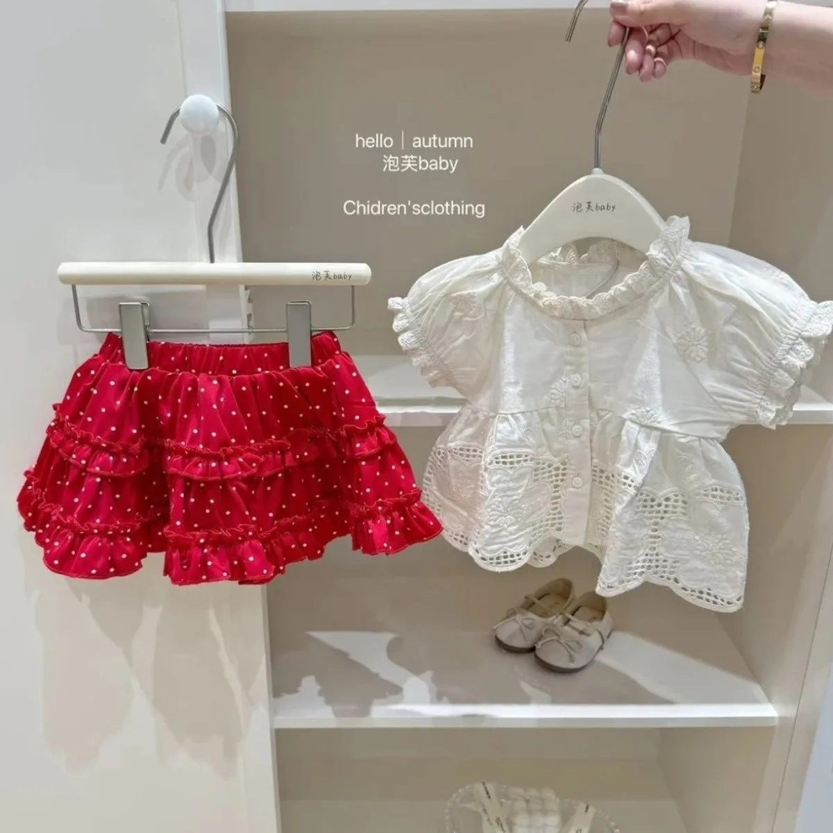 Girls' Summer Set 2025 New Style Baby Girls' Fashionable Summer Short sleeved Red Skirt Doll Shirt Two Piece Set