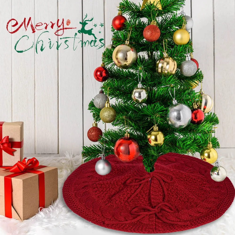 18 in Knitted Christmas Tree Skirt Red/White Polyester Xmas Tree Foot Cover Round Christmas Tree Carpet Living Room