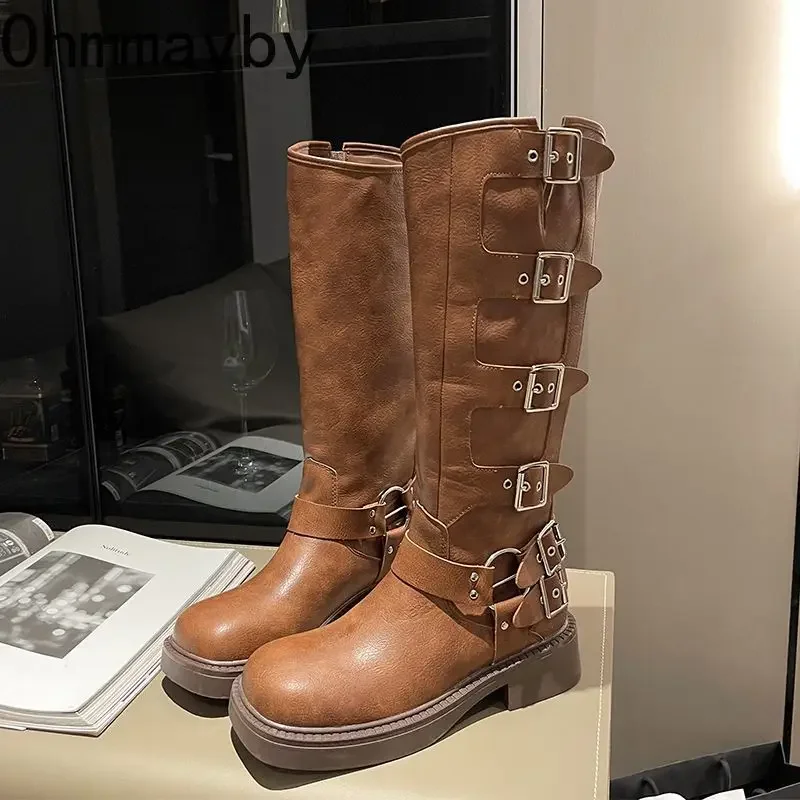 

Women Knight High Boots Fashion Belt Buckle Slip On Long Booties Retro Style Autumn Winter Female Elegant Thick Heel Shoes