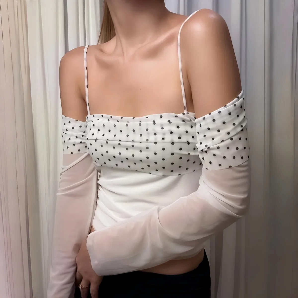 

Apprabant осенняя майка в горошек с открытыми плечами и открытой спиной, сетчатая лоскутная укороченная футболка с длинными рукавами, шикарная уличная элегантная блузка