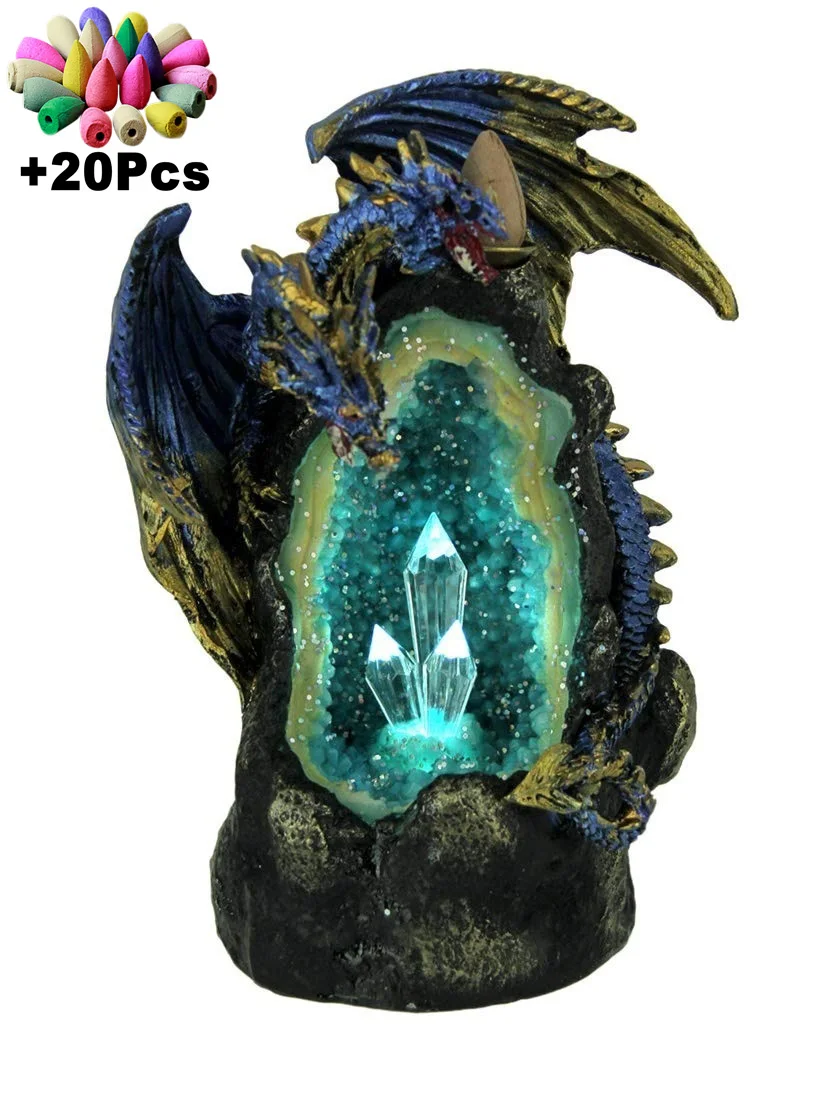 

Handmade Resin Waterfall Backflow Incense Burner Colorful LED Dragon Incense Holder Creative Home Decoration Craft Gift +20Cones