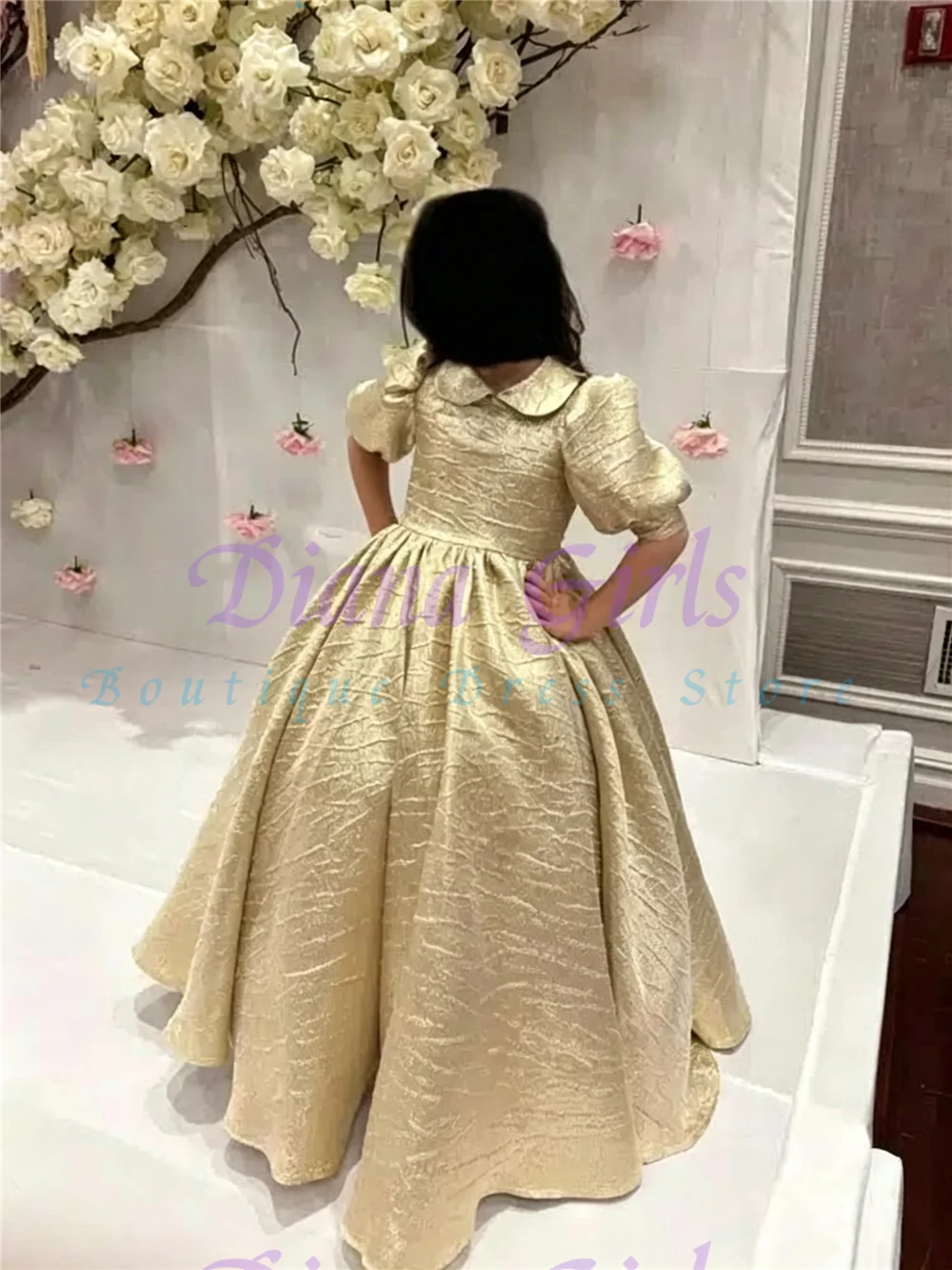 Little Princess Flower Girl Dress for Wedding Girls High Waist Ball Gown with Peter Pan Collar & Puff Sleeves Custom Party Dress