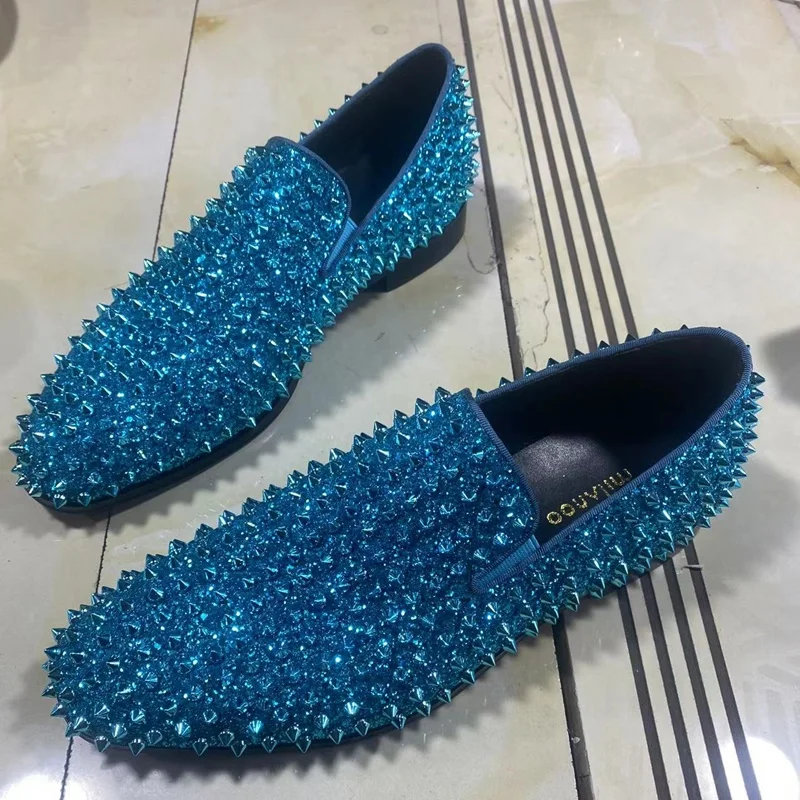 Stylish Bling Bling Men Sequin Shoes Luxury Spike Loafers Dress Shoes Men Handmade Slip On Rivets Shoes Party And Prom Shoes