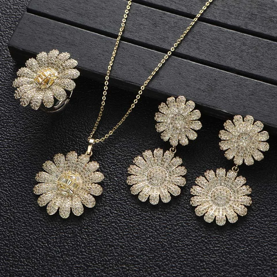 Zlxgirl jewelry Luxury Brand Sun Flower Necklace With Earring Ring Jewelry set for Woman's fine Gold Anniversary Bijoux  Gifts