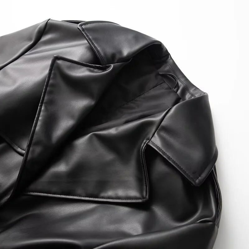 2025 X-long Faux Leather Trench Coat Women's Double-breasted Overcoat Autumn Winter Sashes Windbreaker Streetwear PU Outerwear