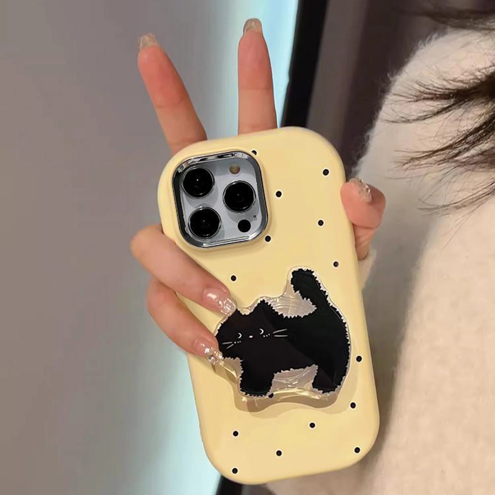 Cute Polka Dot TPU Phone Case With Cat holder For iPhone 15 14 13 12 11 Pro Max Drop Resistant Cartoon Phone Case