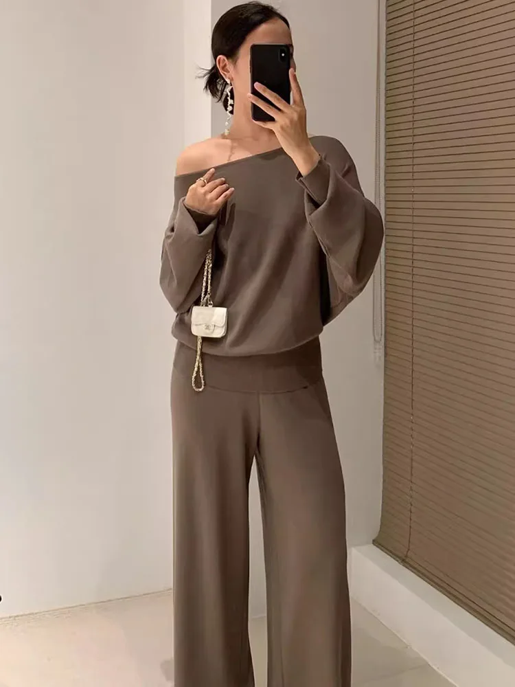 Casual Knitted 2 Pieces Sets Women Sexy Slash Neck Knitwears Pullover Tops Conjuntos Korean High Waist Wide Leg Pants Outfit New