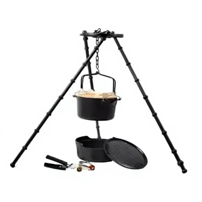 Wholesale Cast Iron Dutch Oven Pot Set with Adjustable Tripod Hanging Chain Camping Stove Cookware Bake Pan Accessories