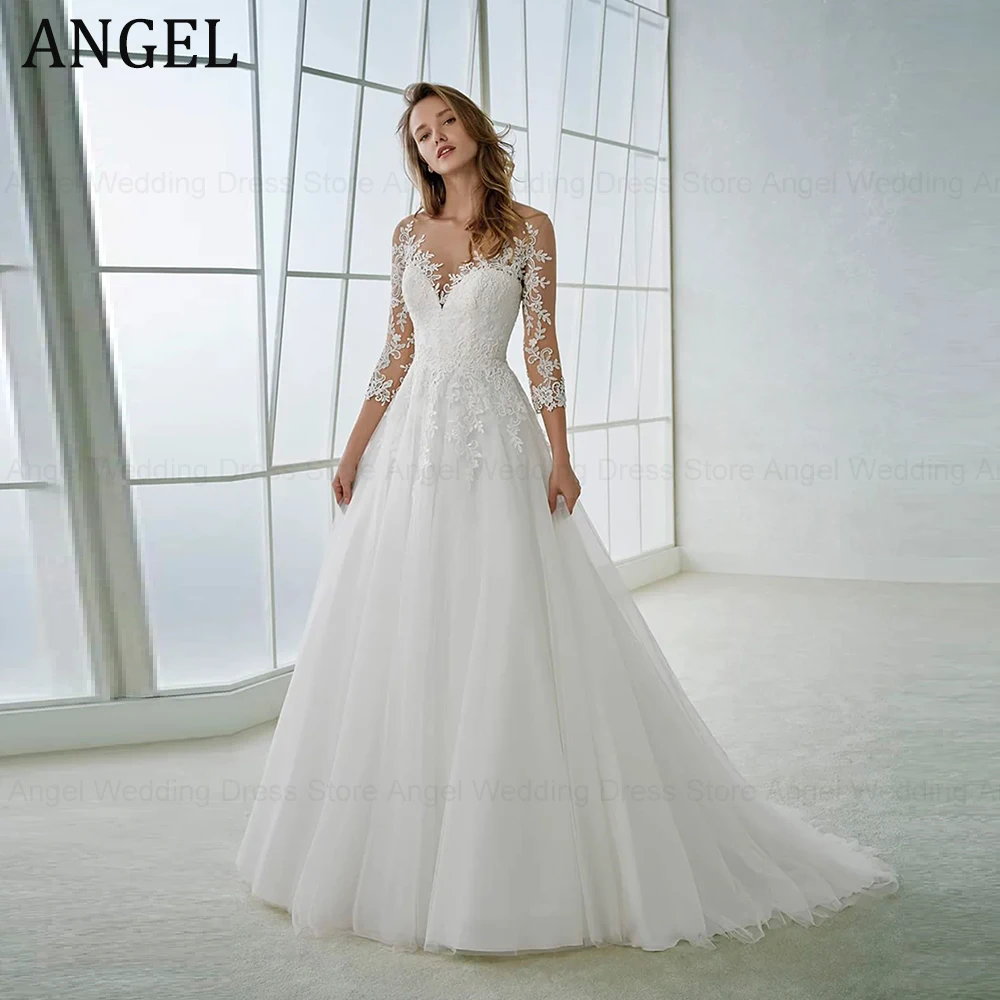 

Изысканные свадебные платья ANGEL для невесты 2025, индивидуальные трапециевидные платья с иллюзией из тюля и аппликациями на пуговицах, свадебные платья Vestidos De Noiva