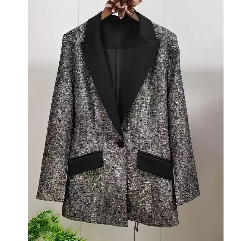 Spring New Customized Fabric Exquisite Sequin Embroidery Contrast Color Suit Collar Fashionable Slimming Suit Coat Women S-XL