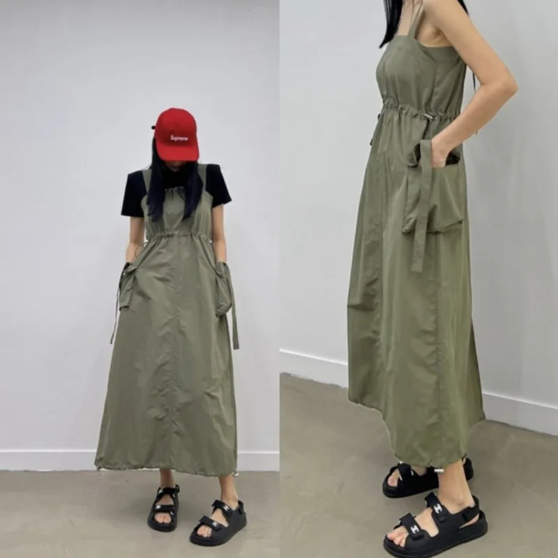 

Leisure Loose And Versatile Women's Dress With Large Shoulder Straps Summer Retro High Street High Waisted Suspender Long Skirt