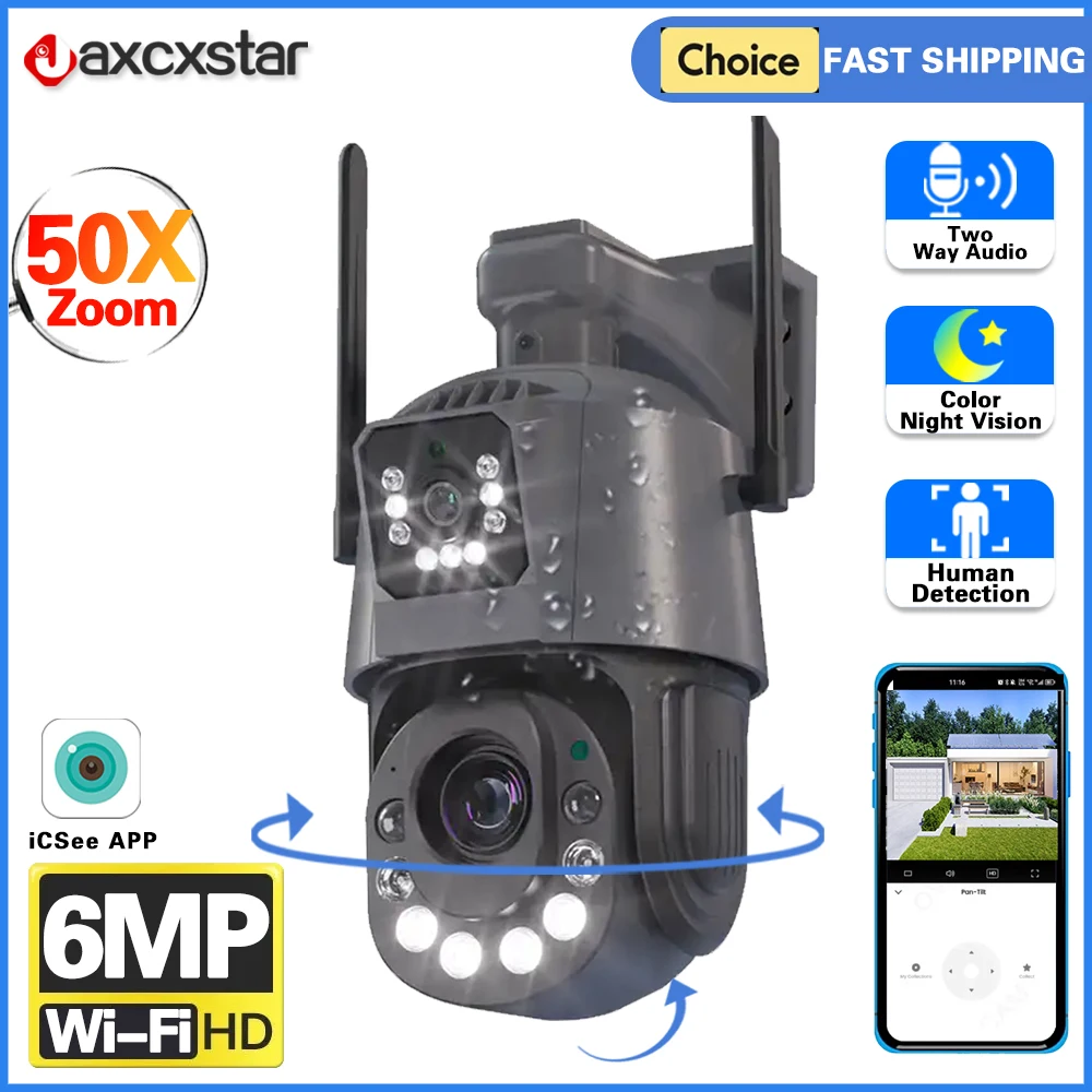 

360 Wireless Outdoor 6MP WiFi Security Camera ICSee Smart Three Lens 50X Zoom IP Camera CCTV 150-200M Color NightVision