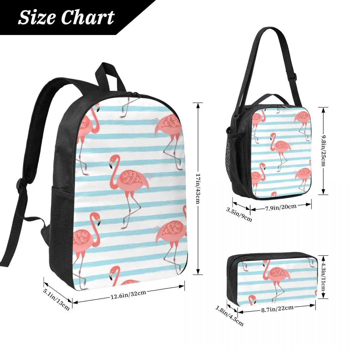 Pink Striped Flamingo Backpack Boys Girls BookBag School Bag Laptop Shoulder Bags 3ps Insulated Lunch Bag Pencil Case