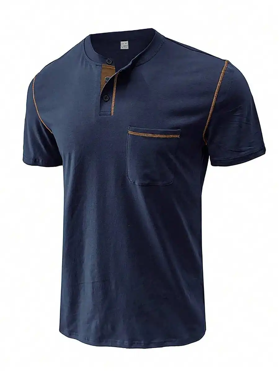 

Blue Henley T-Shirt For Men With Contrast Stitching, Chest Pocket And Buttoned Placket, Casual Summer Wear