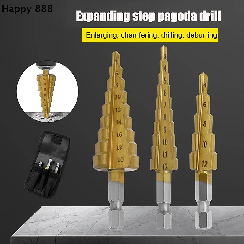 Hexagonal-Handled Titanium-Plated Ladder Drill Tower Drill Bit Set In Sizes 3-12mm, 4-12mm, And 4-20mm: A Small Three-Piece Set