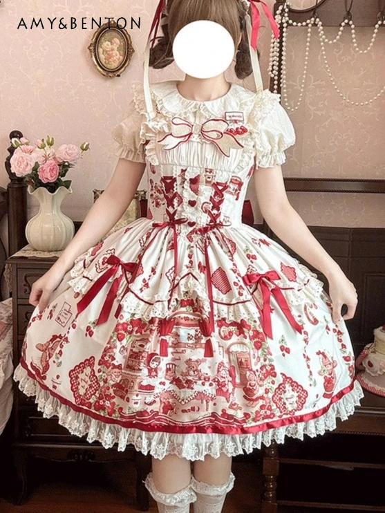 Abito da principessa stile ragazza dolce e carino quotidiano da donna originale Lolita Abiti da sera da fata Abito tutu sottile stampato con cartoni animati Kawaii