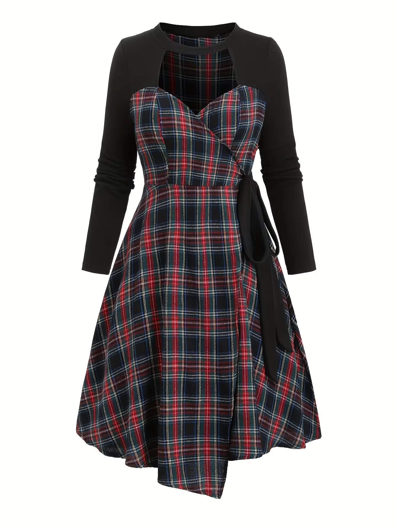 

Ретро-платье в клетку с элементами пэчворка для женщин на осень и зиму, с завышенной талией и эффектом стройности, асимметричное А-образное платье, милое и стильное.