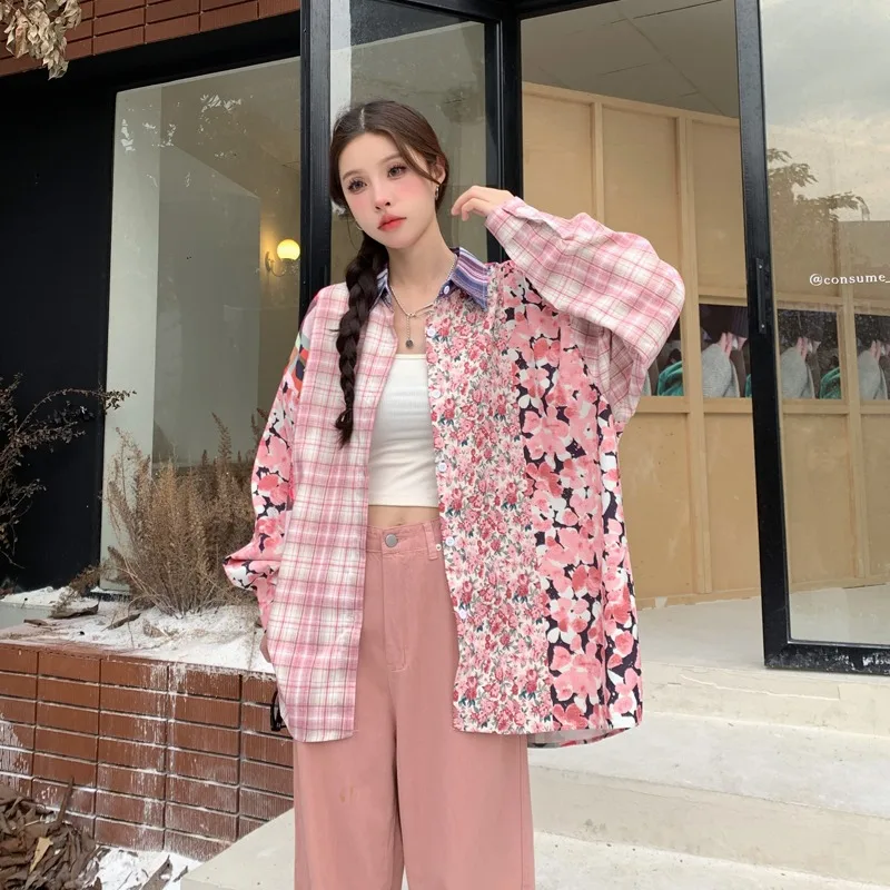 Splicing Printed Shirts Women Spring and Summer 2024 New Versatile Casual High Street Slim Blouse Long Sleeve Loose Tops Female